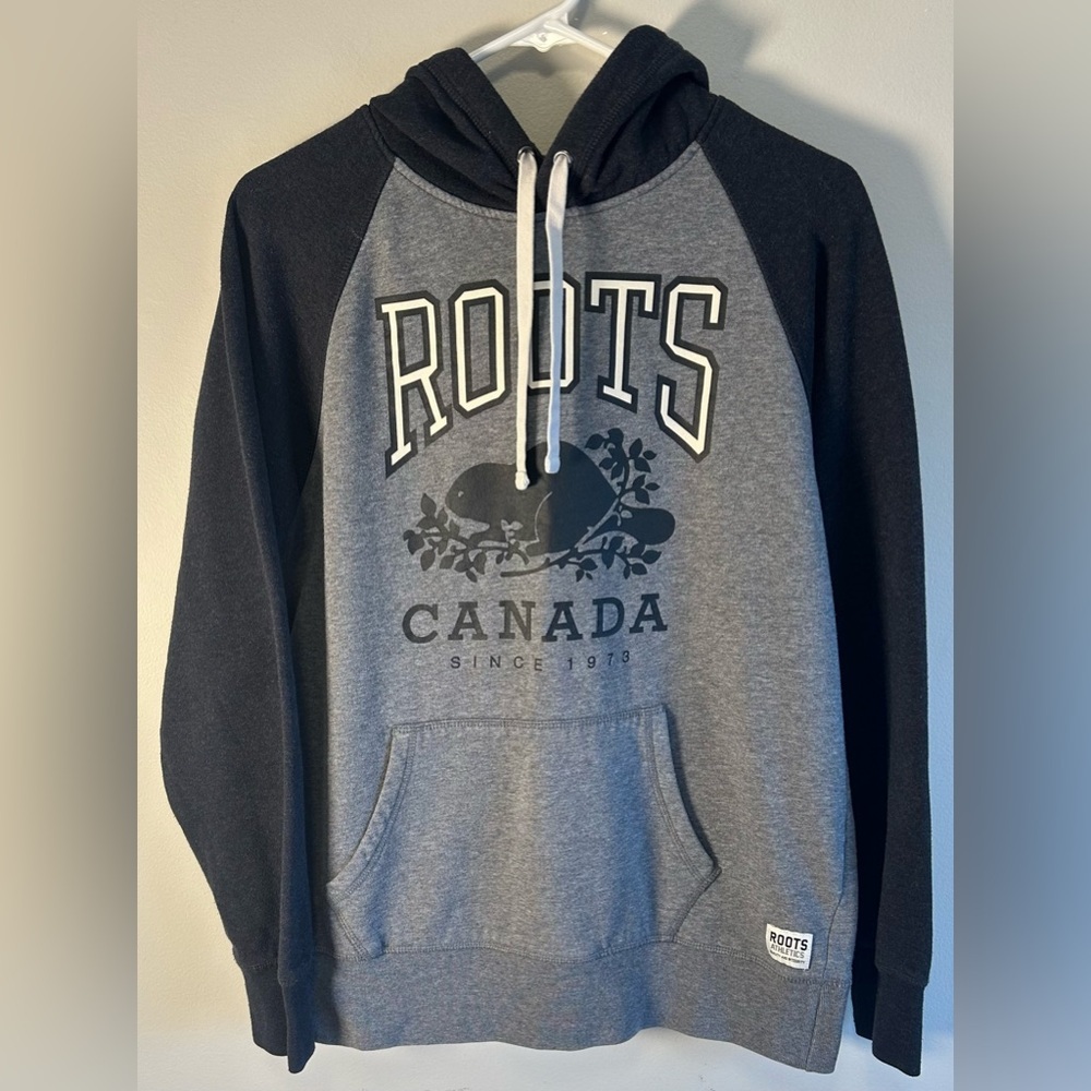 Roots Canada Hoodie Mens S/Womens M Gray Blue Beaver Logo Pullover Sweater EUC